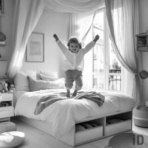 kind springt op een bed in een kinderkamer ontworpen door iDesign interior
